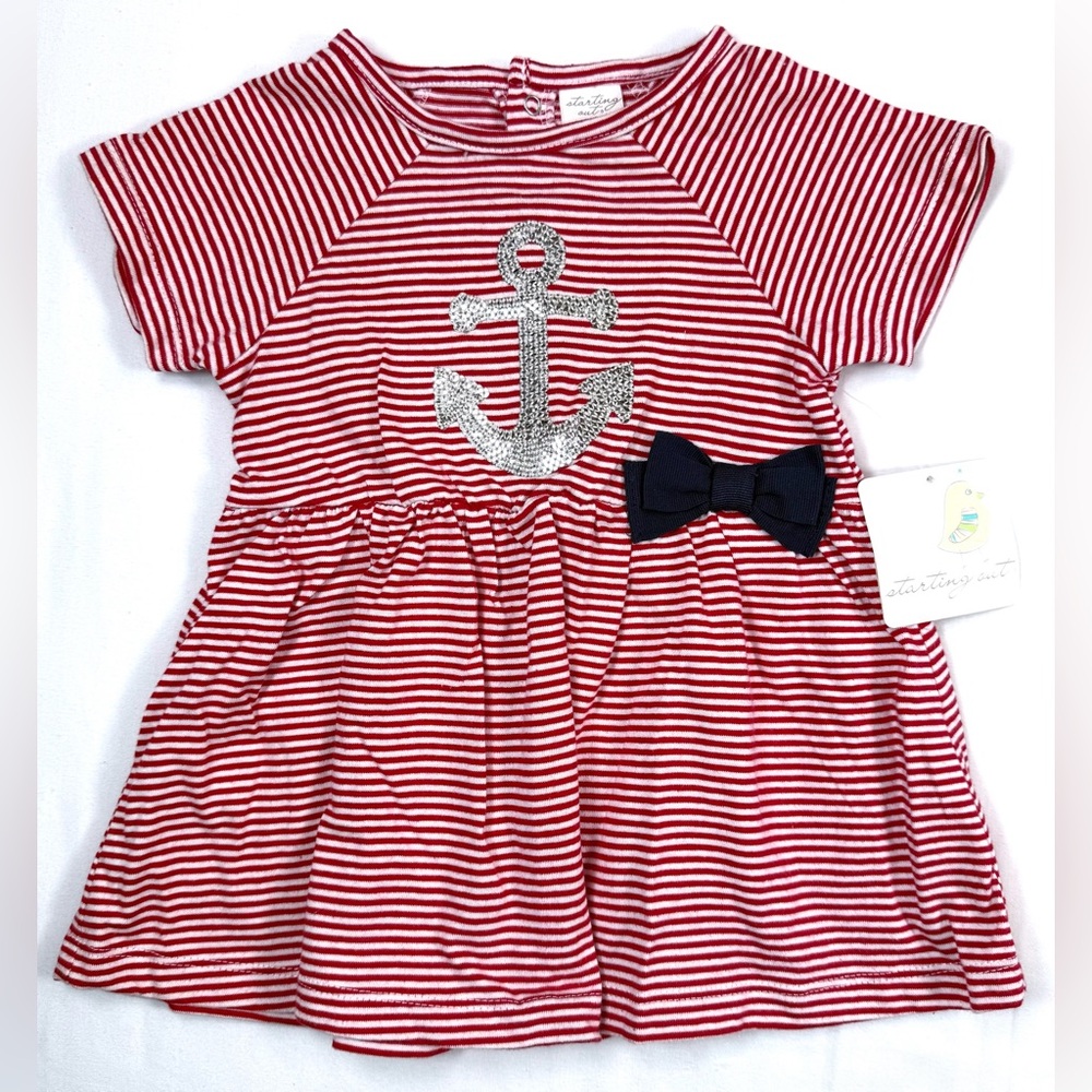 NWT STARTING OUT Baby Girls' Nautical Red Striped Anchor Bow Applique‎ Dress 18M